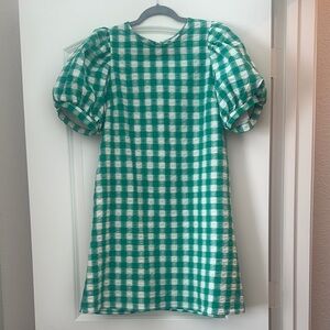 Green and White Checkered Puff Sleeve Dress